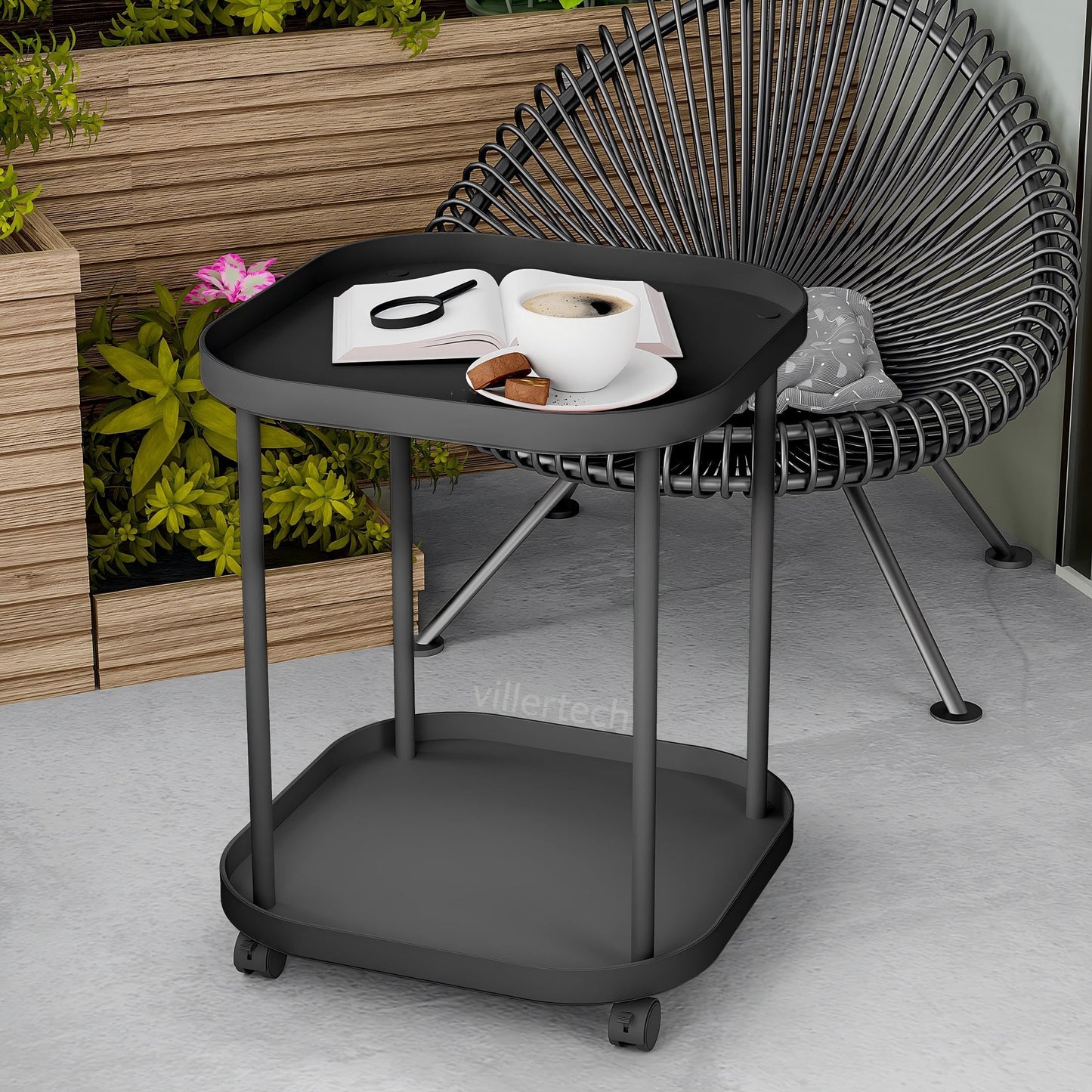 villertech Side Table with Wheels, End Table Living Room Plastic Mobile Sofa Side Table Small Night Stand Bedroom Black
