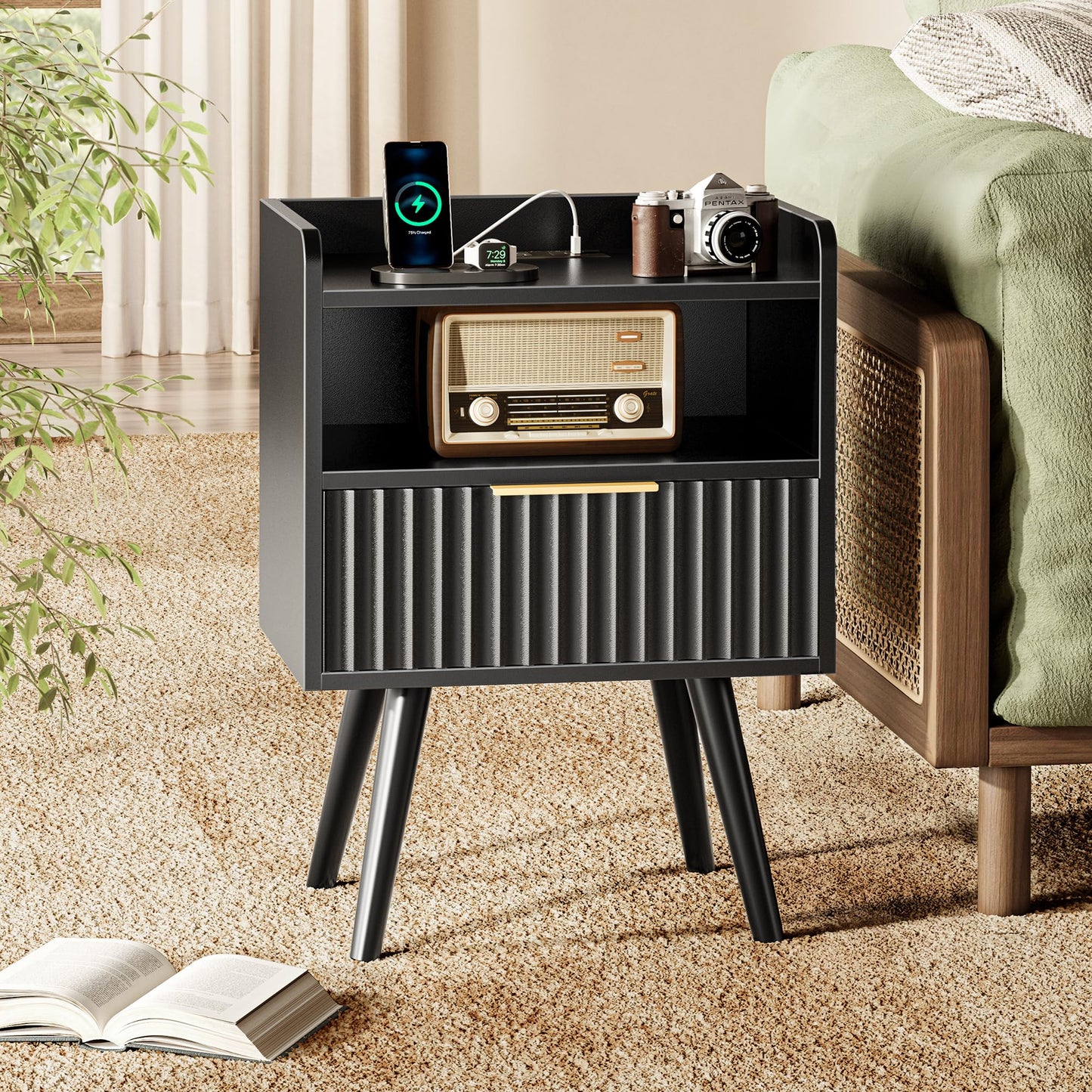 Huuger Nightstand with Charging Station, USB-C Port, Fluted Night Stand with Drawer, Bed Side Table with Solid Wood Feet, Open Storage, End Table with Raised Edge, for Bedroom, Black
