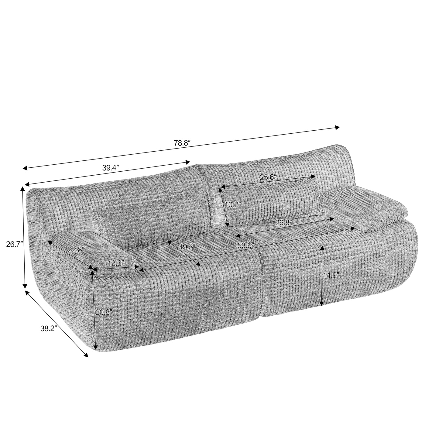 79" Deep Seat Cloud Loveseat Sofa, No-Assembly Modular Corduroy Couch in a Box, 2-Seater Boneless Love Seat with Extra-Wide Armrests & Supportive Pillows for Small Apartments