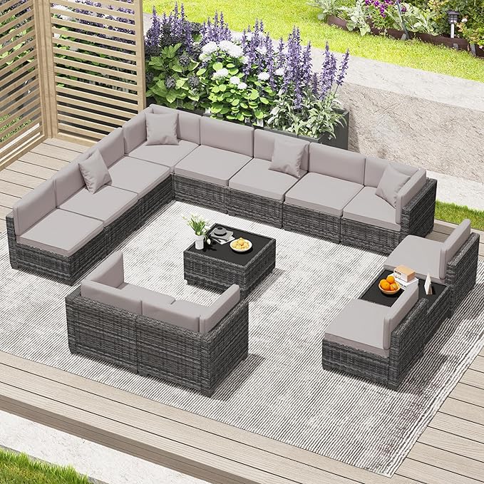 KIGOTY Patio Furniture Set, 14 Pieces Modular Outdoor Sectional Sofa, PE Rattan