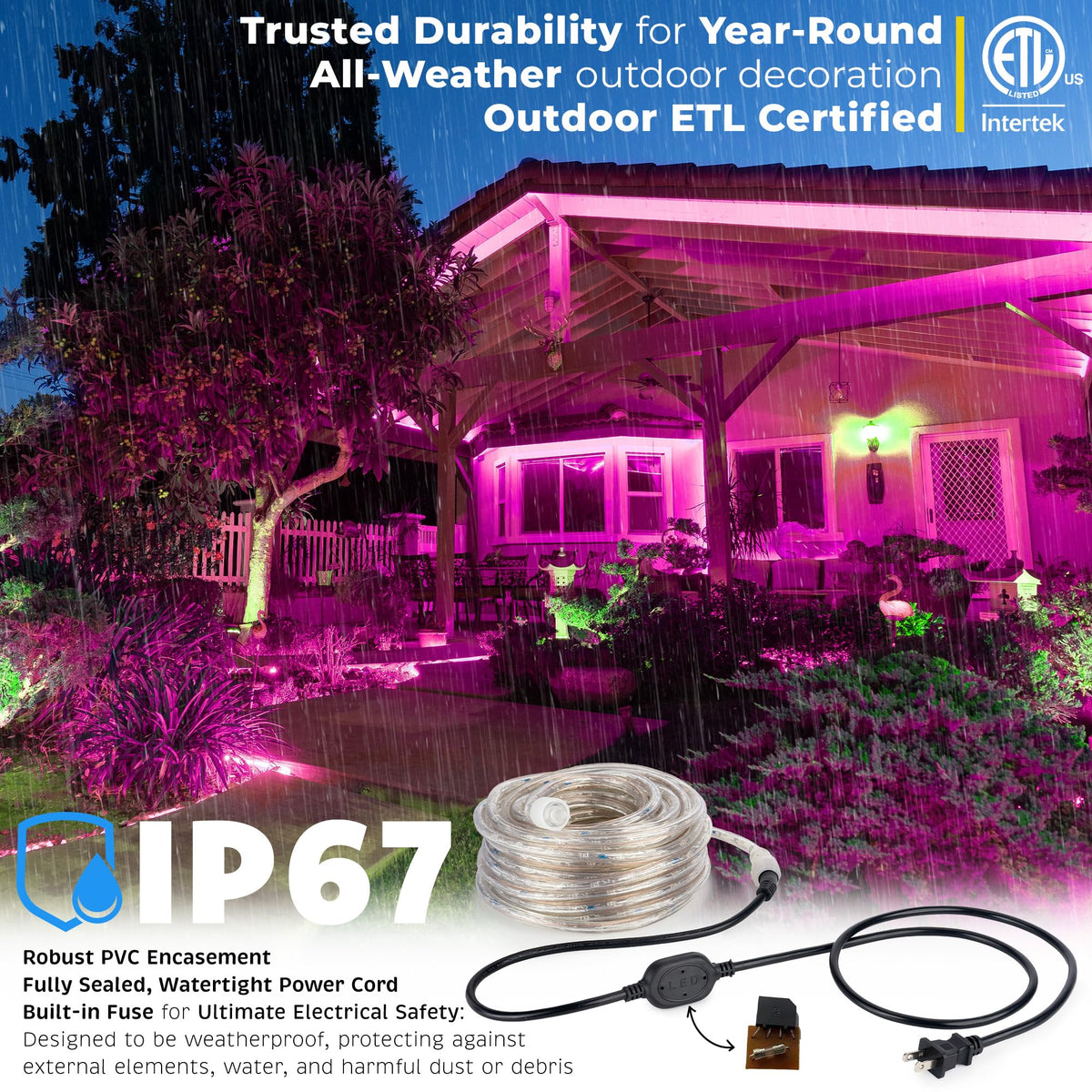 WYZworks 576LEDs, 50ft LED Outside Rope Lights, Waterproof Permanent Outdoor ETL Certified Connectable Clear Tube, Christmas Palm Tree Holiday Decorative Landscape Patio Accent Lighting - Pink