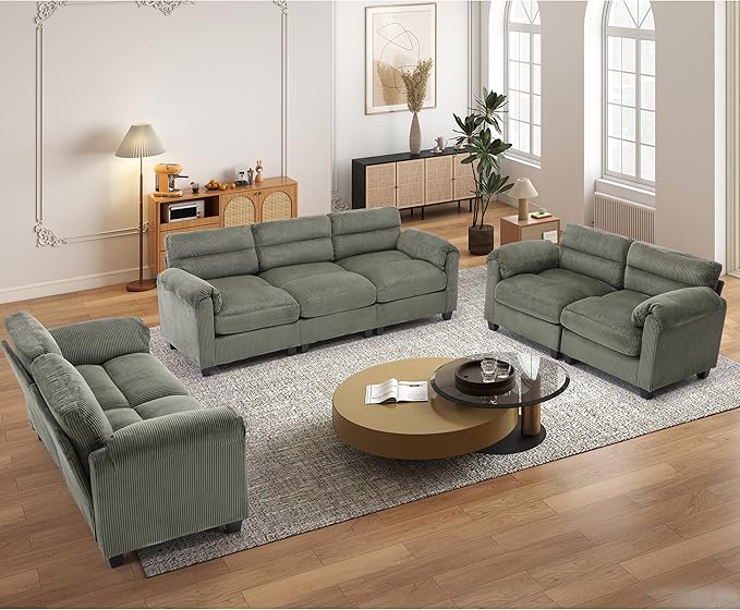 HAOMARKETS Corduroy Sofa Set, Two Upholstered Loveseat, and 3-Seater Couch