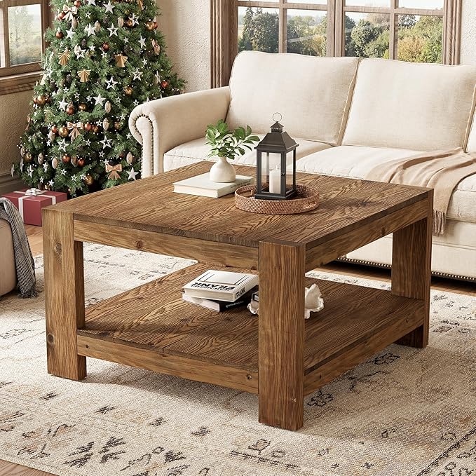 Solid Wood Coffee Table, 31.5" Square Farmhouse Center Table