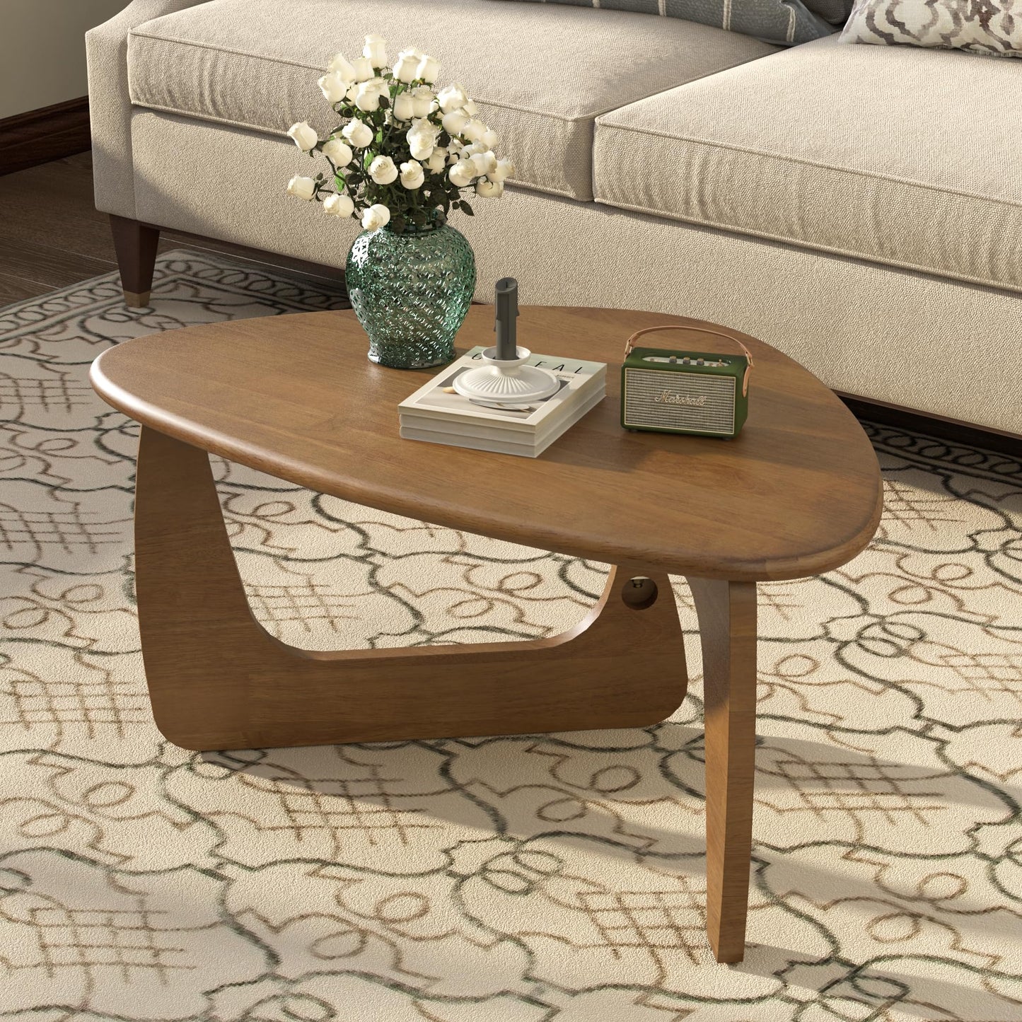 Mid Century Modern Coffee Table, Solid Wood Triangle Coffee Table for Living Room, Modern Tea Table for Home, Walnut, 35.4x23.6x16.5