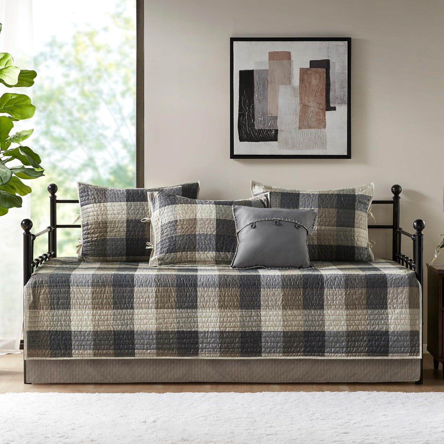Madison Park Ridge Daybed Cover Set - Cabin Lodge Plaid Herringbone Print Reversible Design, All Season Luxury Bedding with Bedskirt, Matching Shams, Decorative Pillow, 39"x75", Neutral 6 Piece