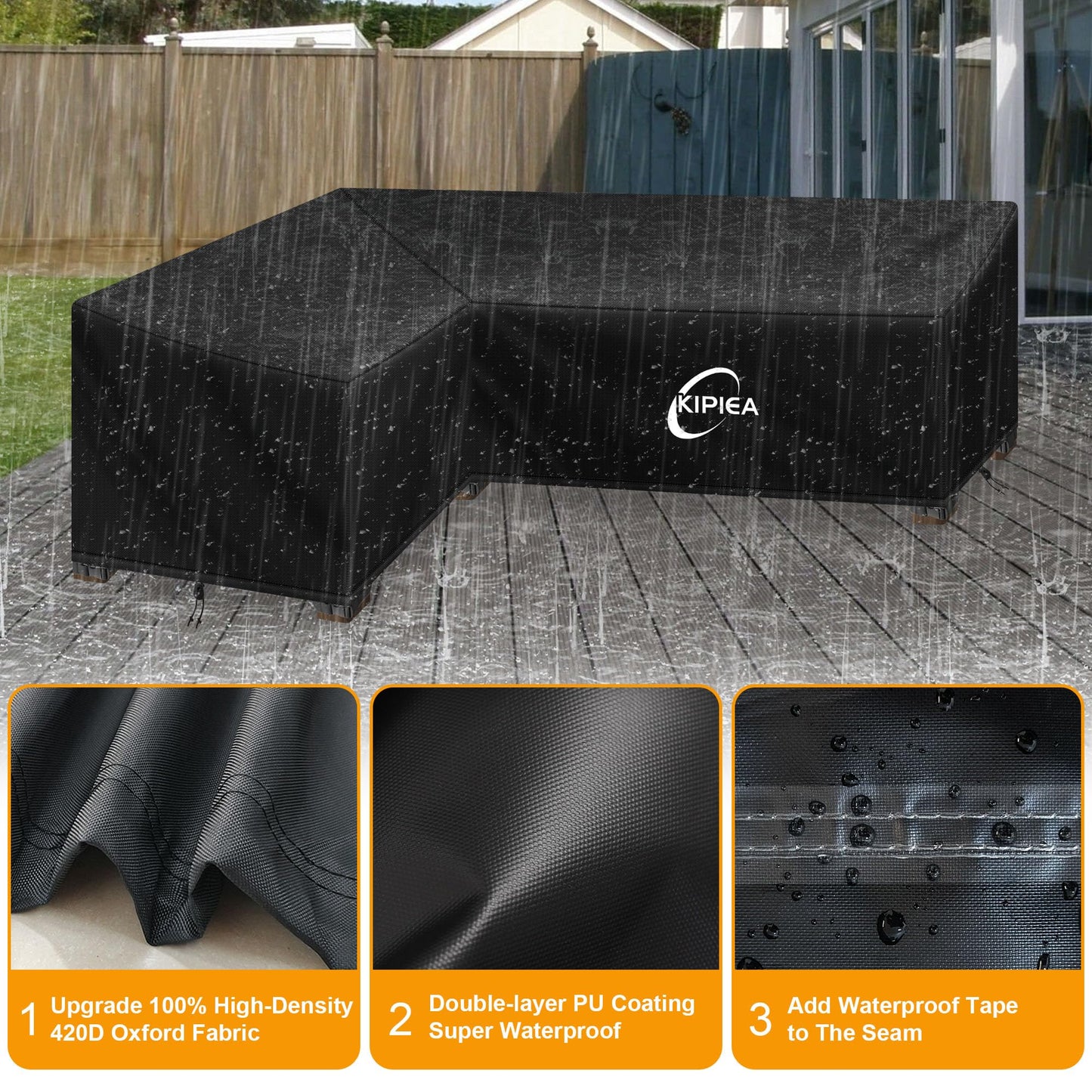 Kipiea L-Shape Patio Furniture Covers Waterproof, 500D Heavy Duty Outdoor Sectional Cover Windproof, Outdoor Couch Cover Anti-UV, No Tears & No Fading (Left Facing, 90" x 120" L x 33.5" D x 31" H)