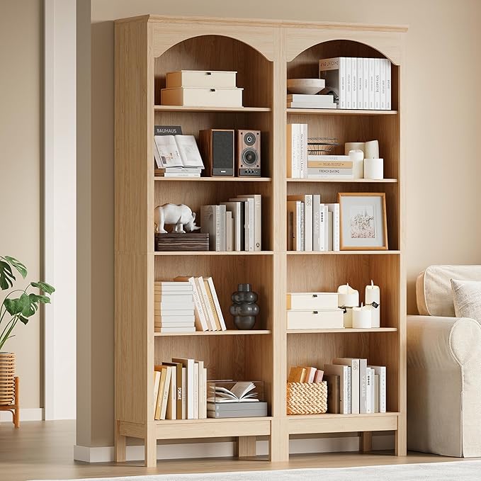 Arched Set of 2 Bookshelf with 5 Tier Open Shelves, Living Room, Natural Oak