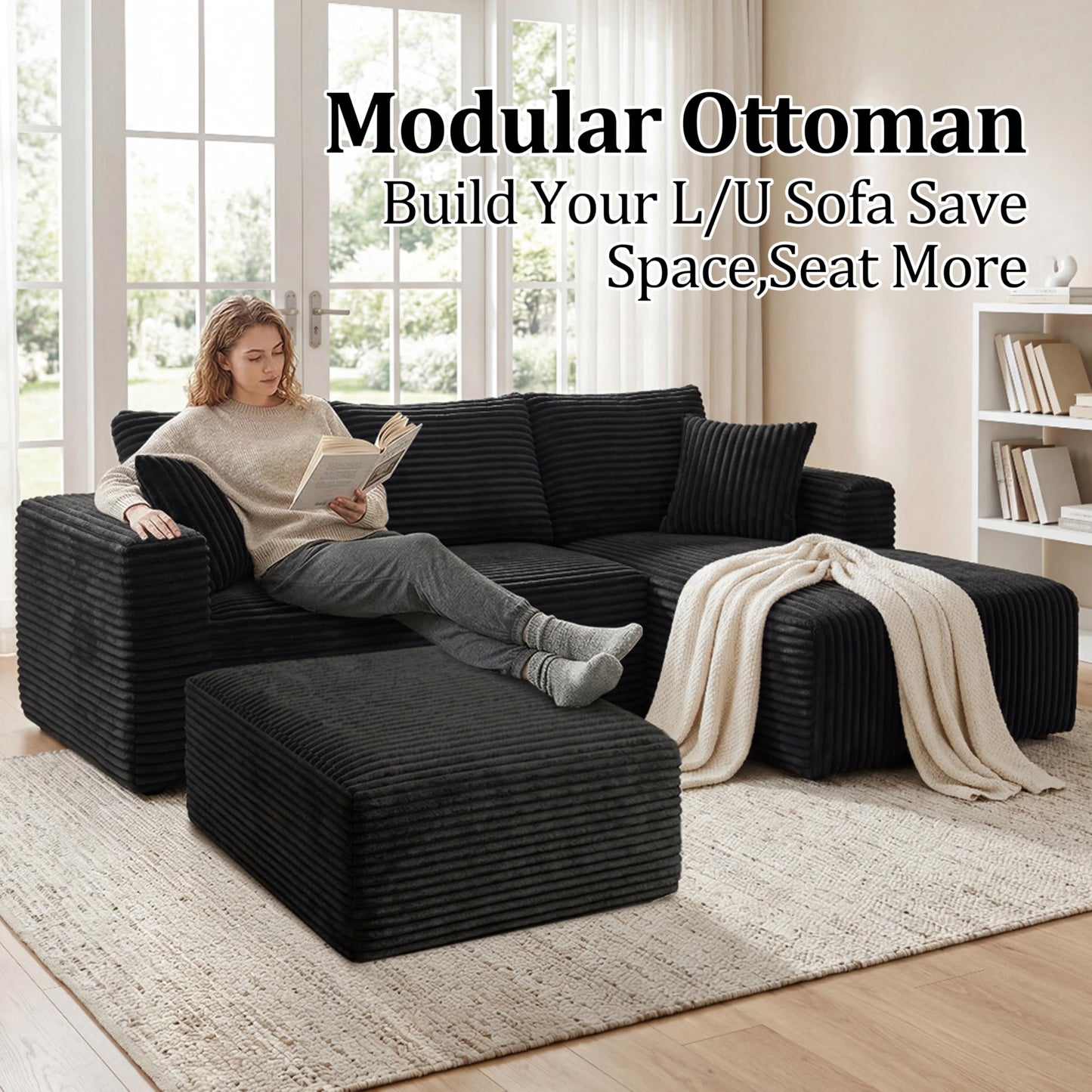 Corduroy Ottoman, Modern Boneless Cloud Foot Rest Foam Support, Oversized Modular Sectional Sofa Stool for Living Room, Bedroom & Small Spaces, No Assembly Required (Black, Ottoman)