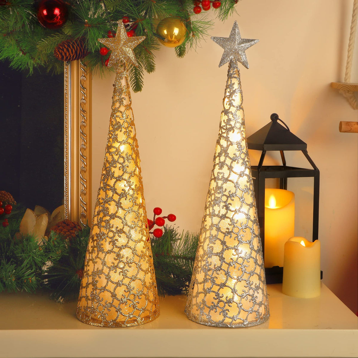 Juegoal Lighted Christmas Table Decorations with Star and 10 LED Lights Battery Operated, Indoor Xmas Thanksgiving Holiday Wedding Party Tabletop Desk Ornament, Set of 2 (Gold, Silver)