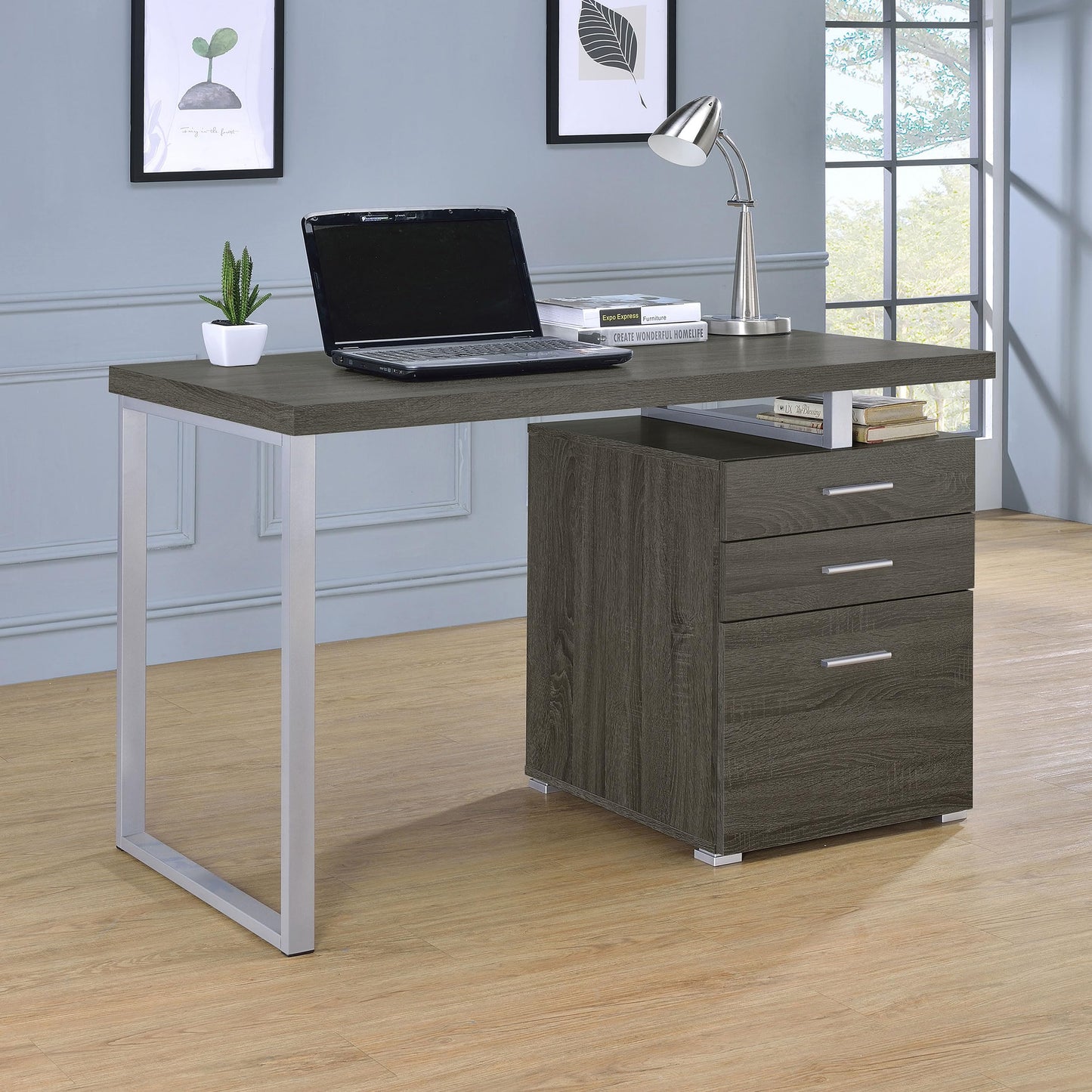 Coaster Home Furnishings Brennan Modern Contemporary Home Office 3-Drawer Writing Desk with Drawers Computer Desk Study Table File Cabinet Storage Silver Metal Frame Weathered Grey 800520