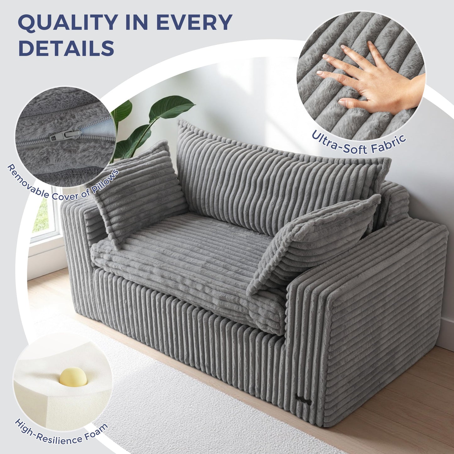 MAXYOYO 59" Bean Bag Sofa Couch, Loveseat Boneless Couch in a Box, Upholstered Small Mini Sofa with Deep Seating for Living Room Bedroom Office Apartment, No Assembly, Dark Grey