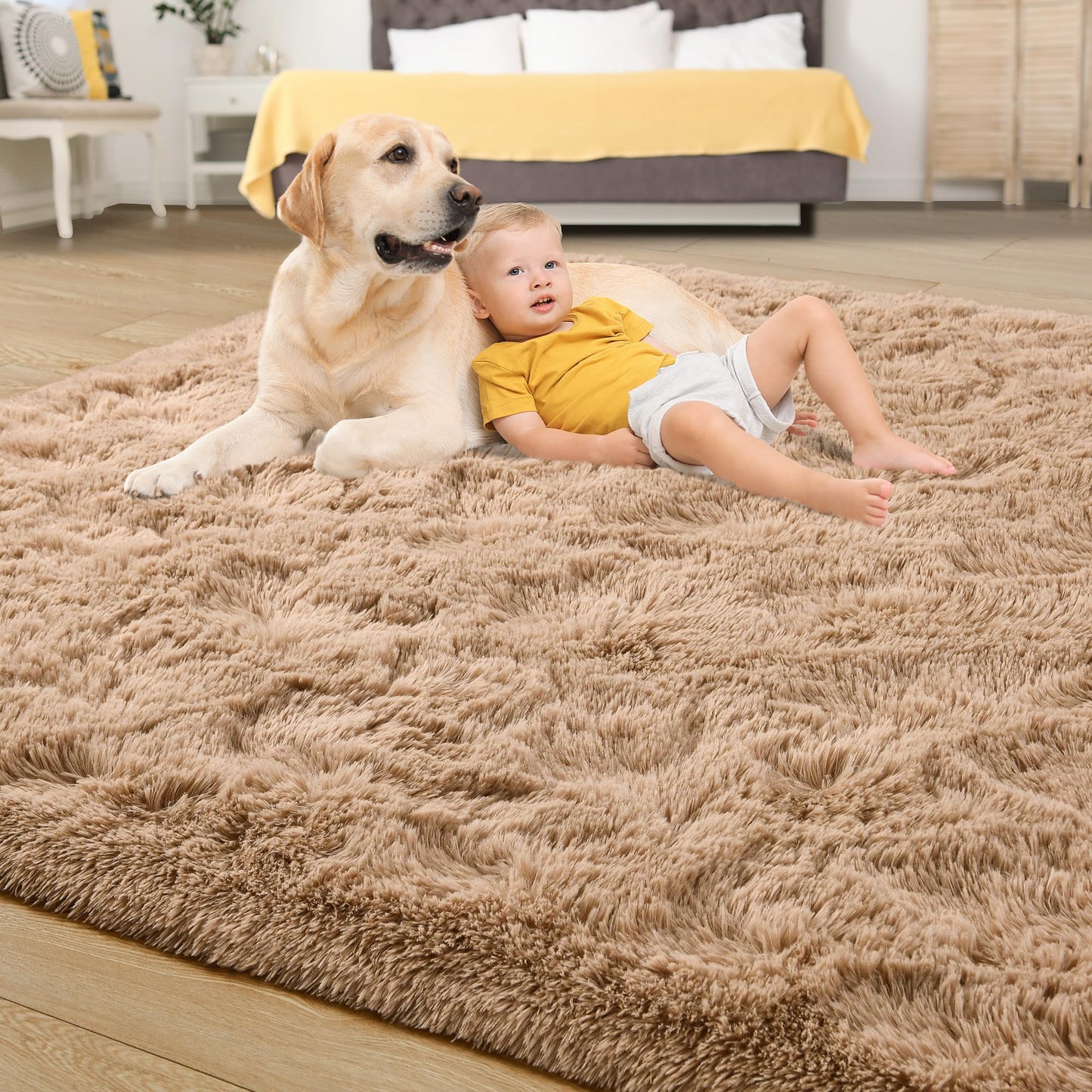 Tepook Super Soft Fluffy Rug for Bedroom, Modern Shaggy Fuzzy Kids Rugs for Living Room, Plush Indoor Nursery Home Decor Dorm Carpet with Non-Slip Bottom, Beige, 4 X 6 Feet