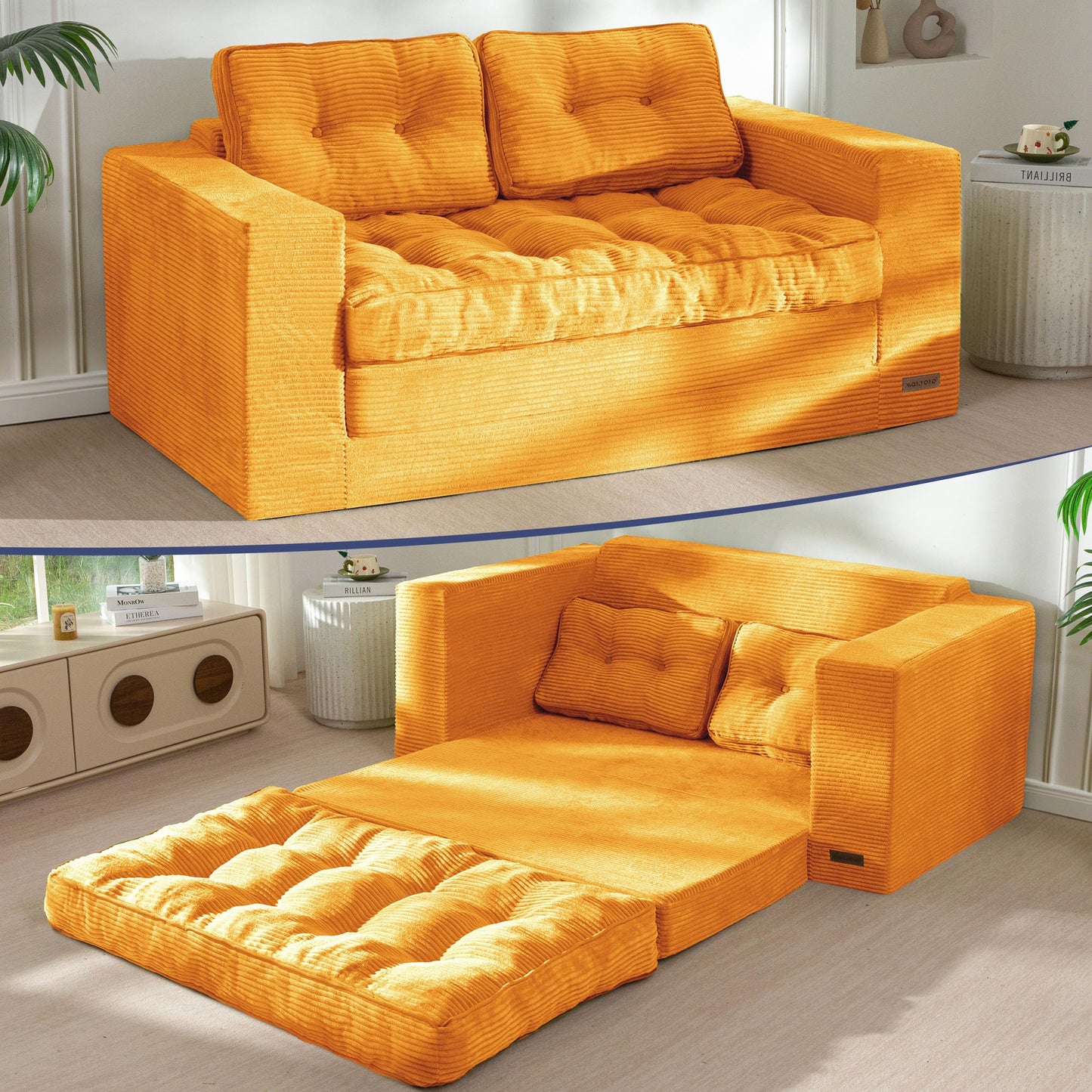 MAXYOYO Convertible Sofa Bed, Pull Out Loveseat Sofa Couch, 2 in 1 Folding Couch Bed, Fold Out Floor Couch with Pillows for Living Room Bedroom Lounge, Orange