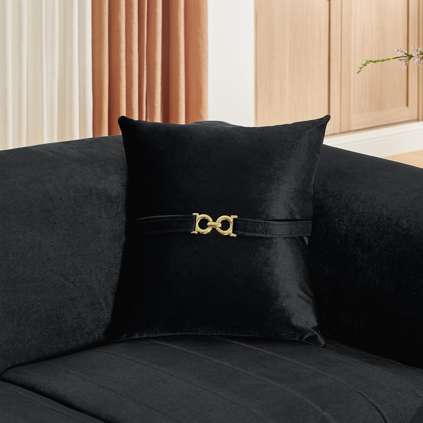 KEIKI 3-Piece Luxury Chesterfield Sofa Set with 1 Oversized Velvet 3-Seater Sofa & 1 Loveseat & 1 Single Sofa, 6-Seater Couch Set with 5 Pillow and Gold Stainless Decoration, for Living Room, Black