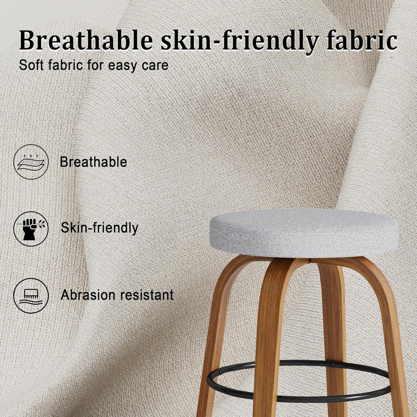 Set of 2 Swivel Bar Stools, 26'' Counter Height Backless Stools with Fabric Upholstered Seats and Sturdy Curved Wood Legs, Mid-Century Modern Design (Grey, 26 inch)