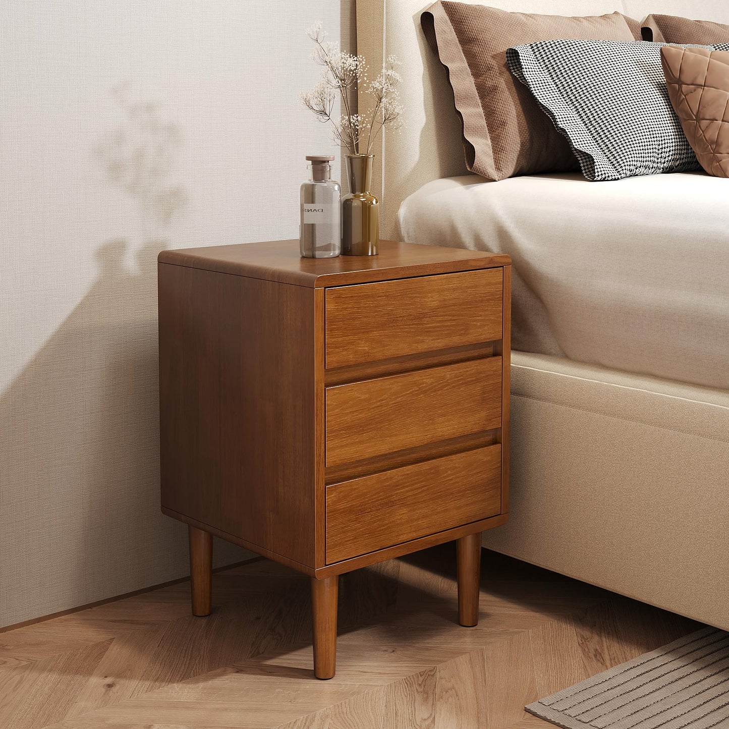 Nightstand with 3 Drawers Narrow Night Stand Solid Wood Bedside Table Mid Century Modern Nightstand Wooden End Table for Bedroom, Study, Office