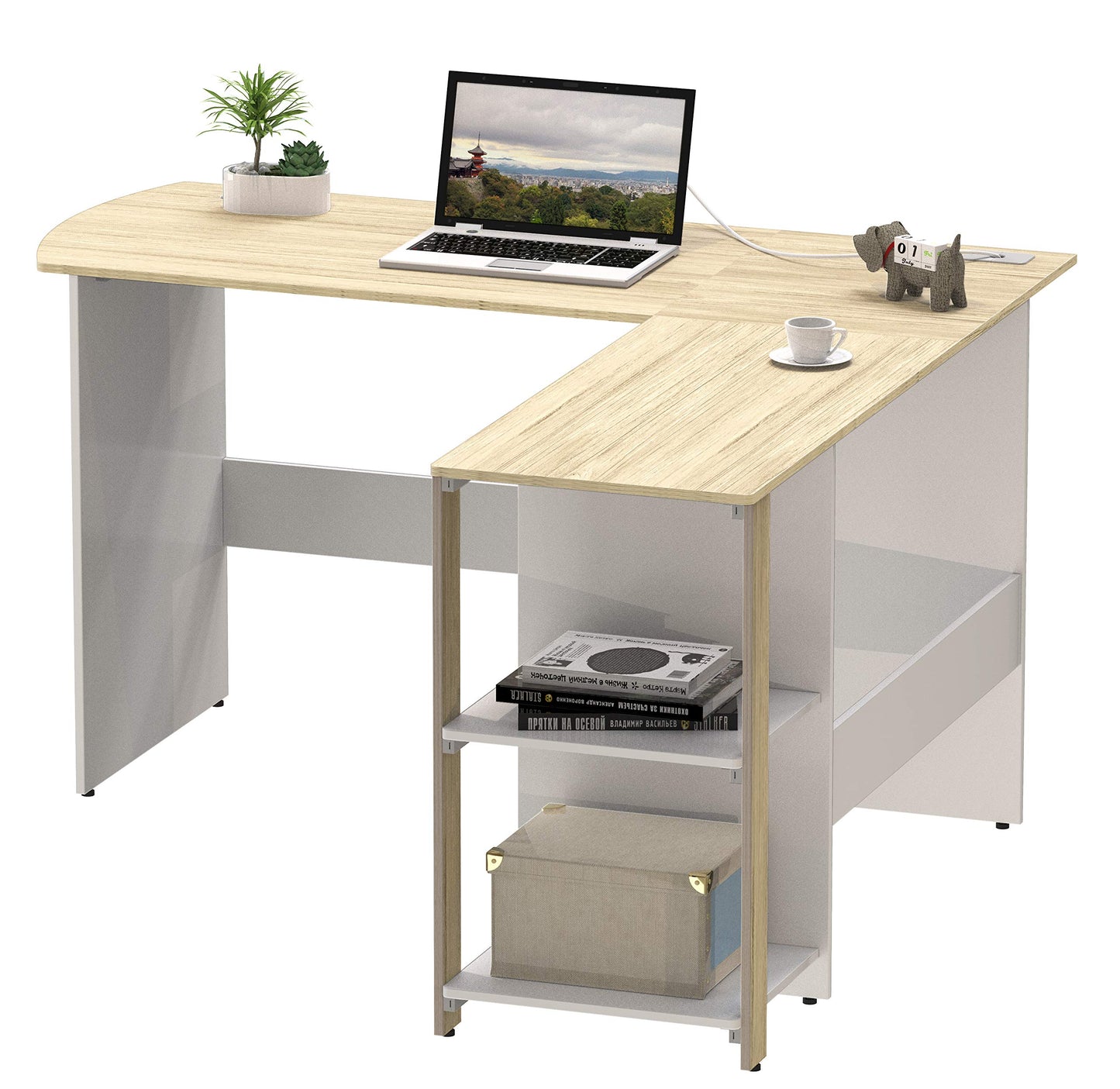SHW 51 x 51 Inches L-Shaped Home Office Wood Corner Desk wtih Storage, Oak