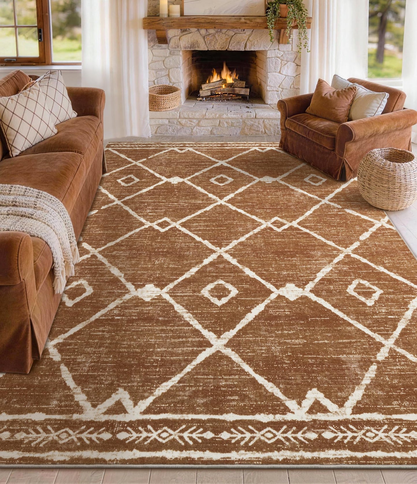YIHOUSE Western Rugs for Living Room, 6x9 Moroccan Area Rug, Aztec Burnt Orange Large Rug, Southwestern Soft Low-Pile Washable Rugs for Bedroom, Dining Room