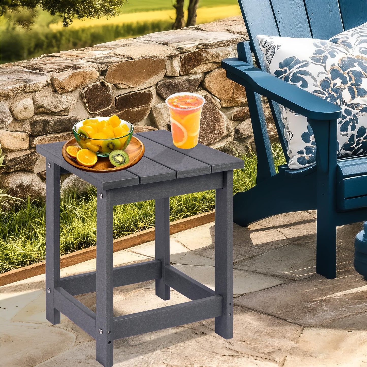 LZRS Square Patio Side Table, Heavy Duty HDPE Outdoor End Table with Wood Texture, Weatherproof Composite Table for Adirondack Chairs, Deck, Pool, Indoor/Outdoor, No Peeling or Cracking(Grey)