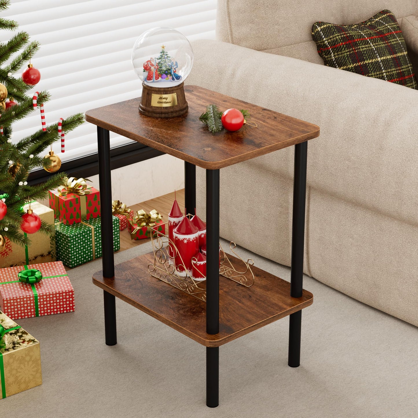 Apicizon 2 Tier End Table, Small Side Table with Solid Wood Legs, Boho Bedside Table with Storage Shelf, Nightstand for Small Spaces, Bedroom, Living Room, Entryway, Farmhouse, Easy Assembly, Brown