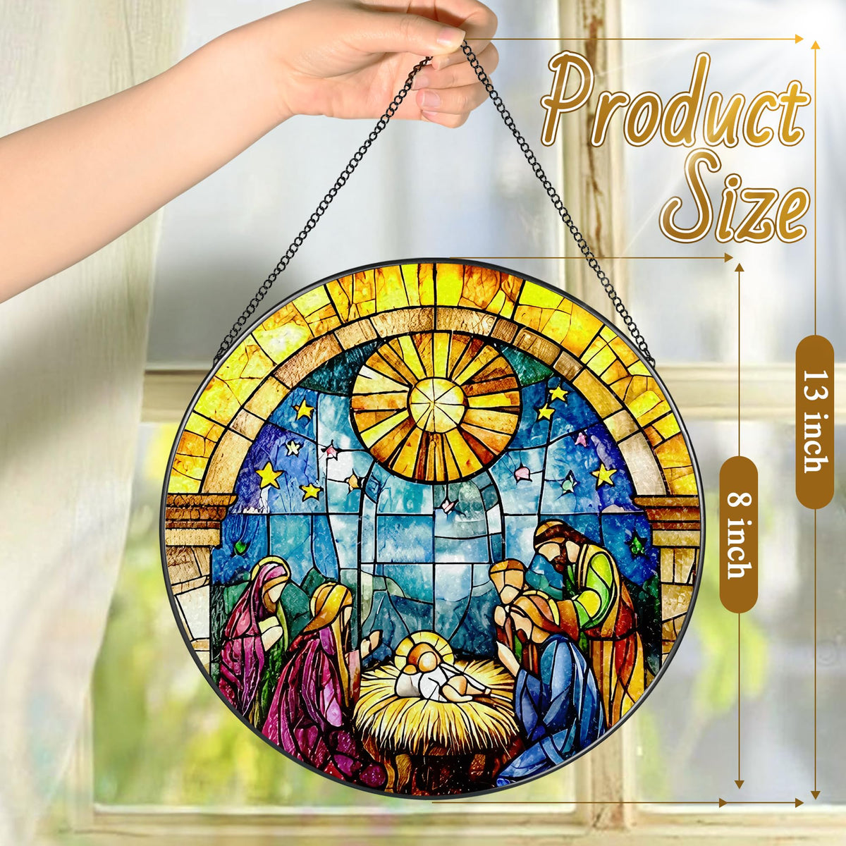 LAOWEIKI 8'' Stained Glass Window Hanging, Nativity Scene Ornament, Christian Christmas Ornament, Holy Family Decoration, Religious Decor, Gift for Christmas, Religious Gifts, Christian Gifts