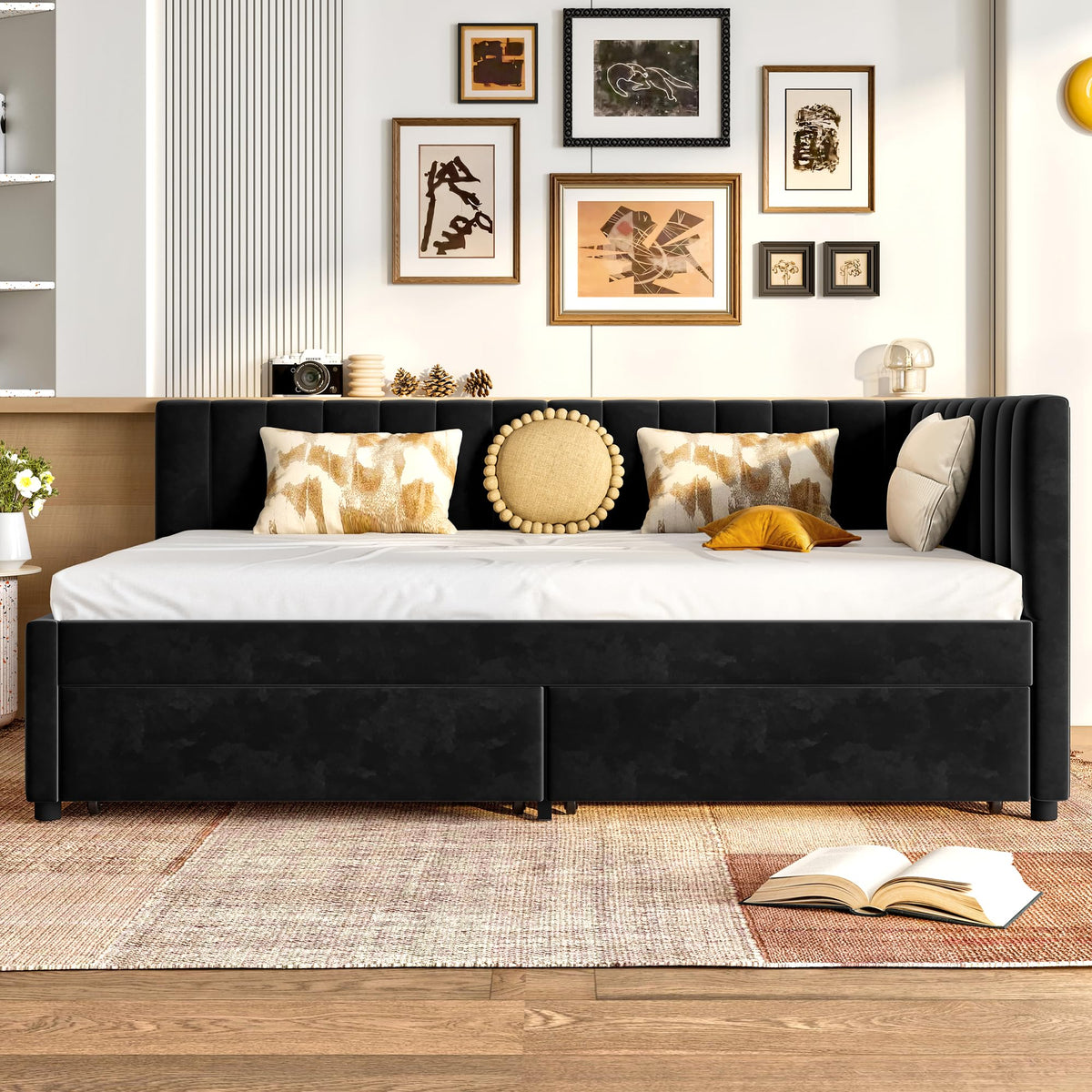 GDFStudio Twin Size Daybed with Trundle, Upholstered Platform Bed Frame with LED Light, Storage Shelves, USB Charging Station, Velvet Twin Bed Frame with Slat Support, No Box Spring Needed, Dark Grey
