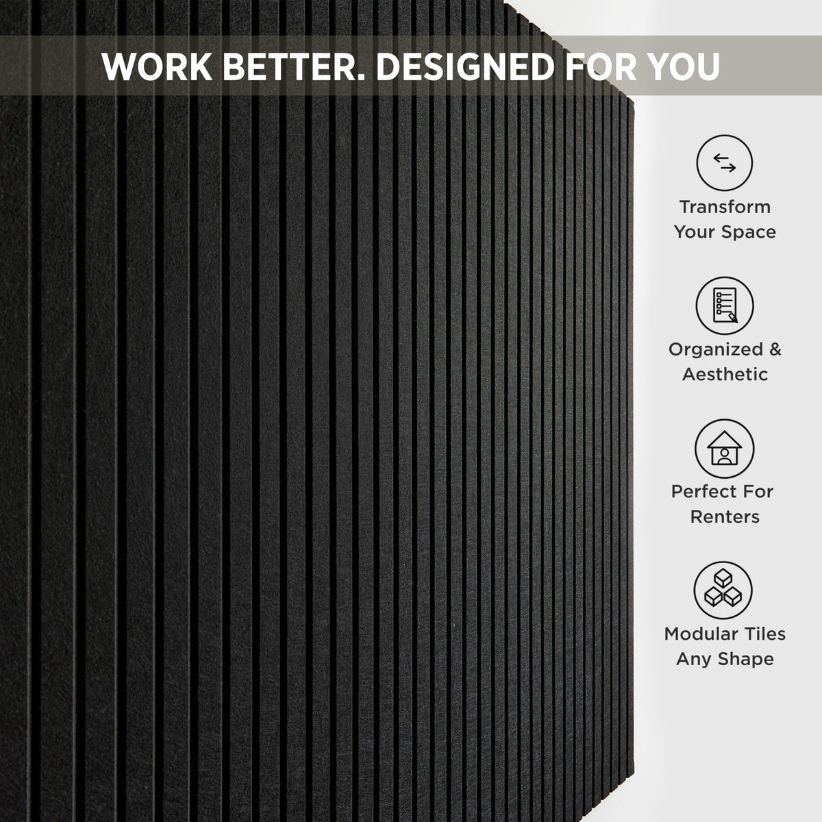 VIVELDA Felt Bulletin Board Tiles 48"x36" - 12-Pack Cork Board Alternative, Oeko-TEX Certified, NRC 0.95 Acoustic Wall Panels, Damage-Free Adhesive, Slatted Design, Home Office & Classroom (Black)