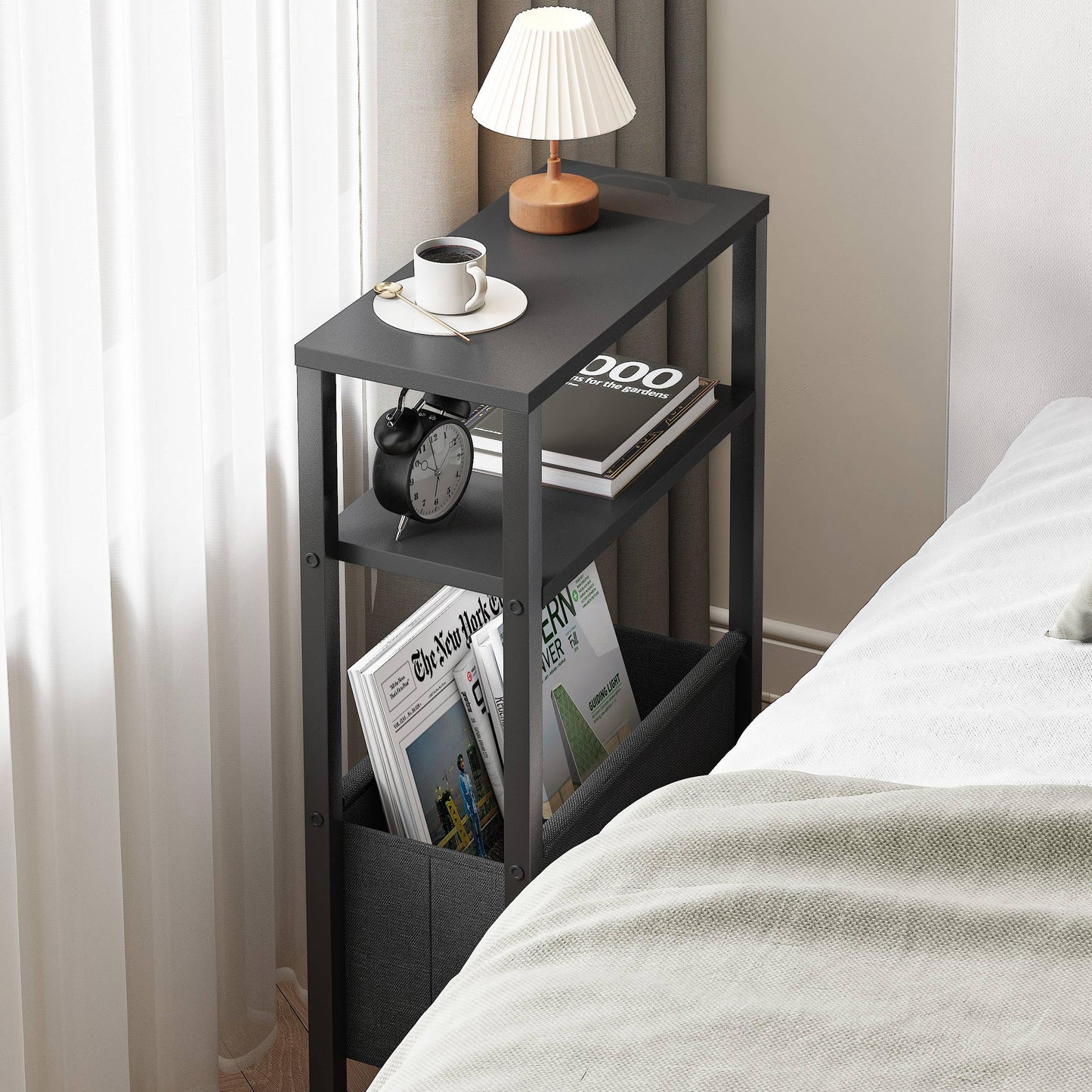 IRCPEN Narrow Side Table, Slim End Table with Magazine Rack, Skinny Bedside Table for Small Spaces, 3 Tier Sofa Couch Table Nightstand for Living Room, Bedroom, Black LET503B