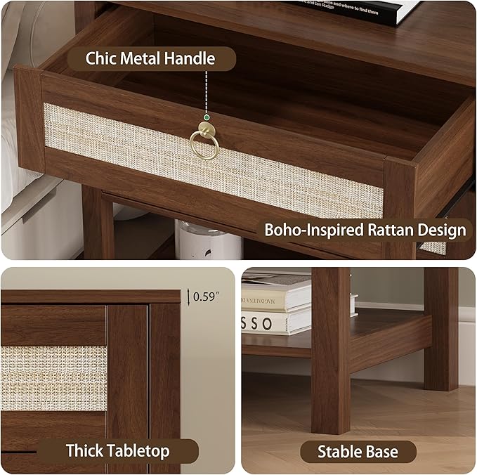 Xixini Nightstand Set of 2, Rattan Boho Bedside Table