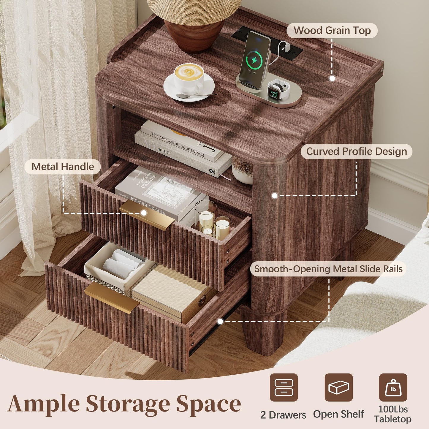 Baoz Walnut Fluted Nightstand with Charging Station & 2 Wooden Drawers