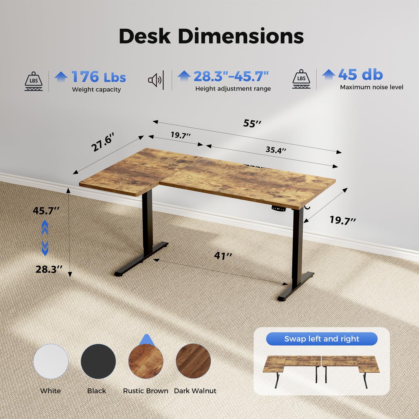 Agilestic 55 Inch Reversible L Shaped Standing Desk, Electric Height Adjustable Desk with Memory Preset, Sit Stand Up Computer Workstation for Home Office, Splice Board, Rustic Brown
