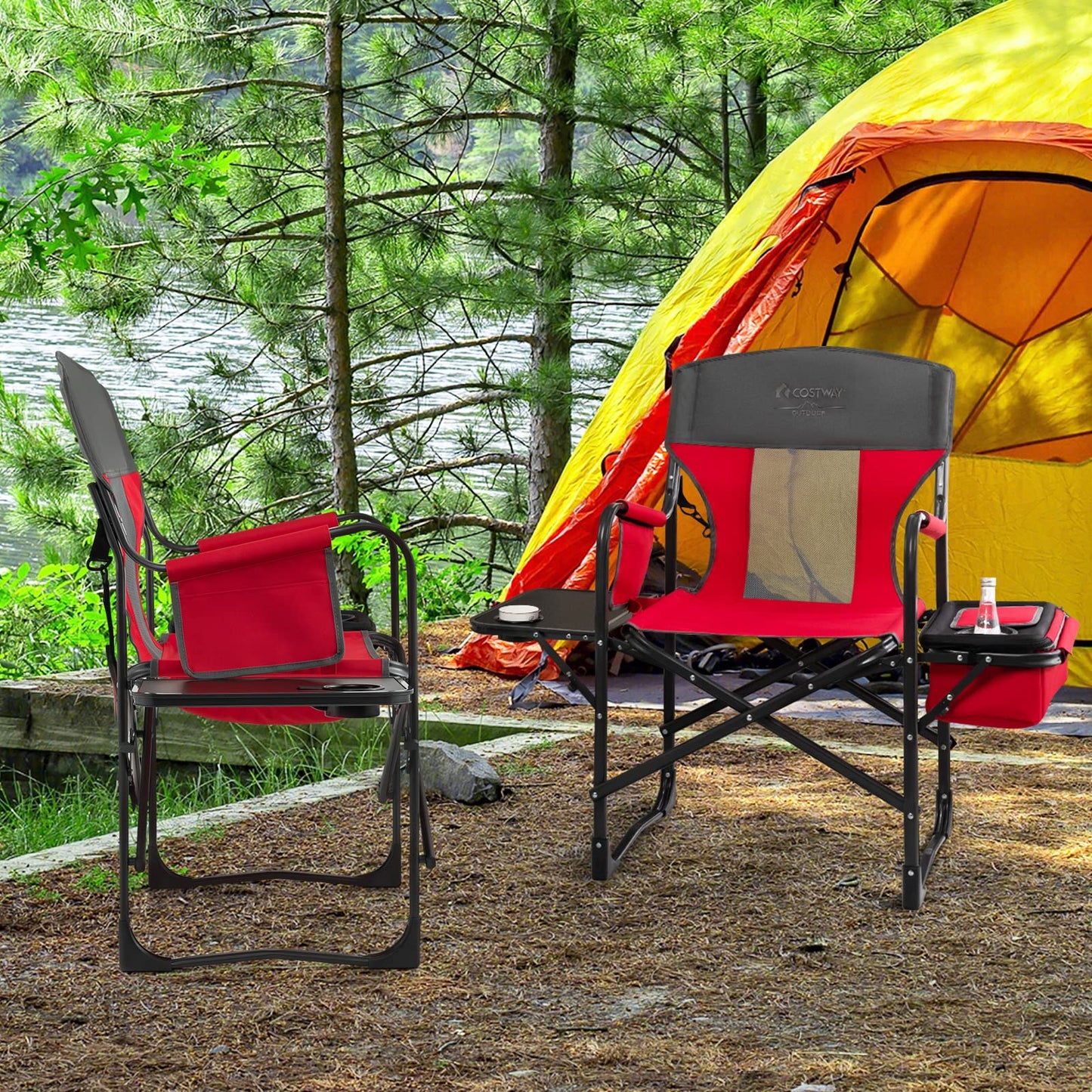 COSTWAY 2-Pack Folding Camping Chair, Heavy-Duty Director Chair Supports 400lbs for Adults with Side Table, Cooler Bag, Storage, Strap, Portable Makeup Chair Set of 2 for Fishing Picnic, Red