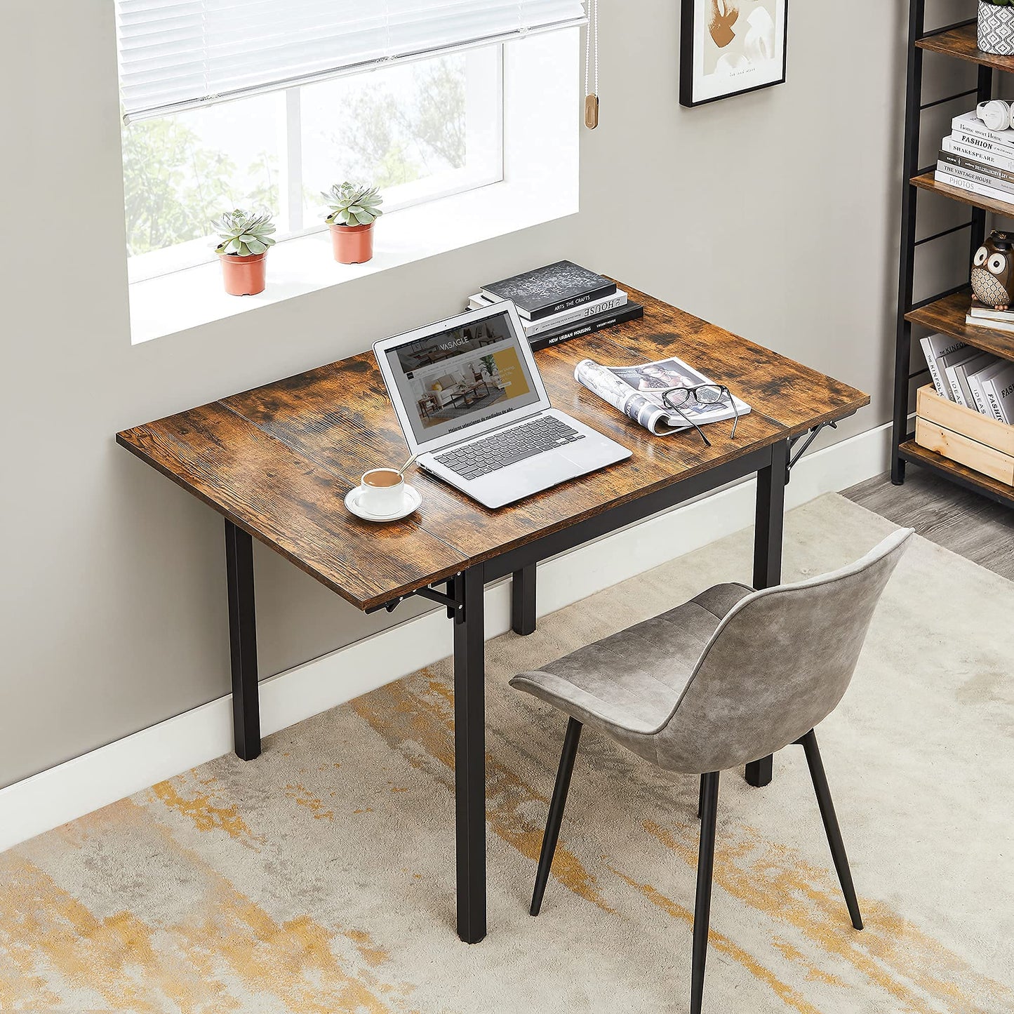 VASAGLE Folding Dining Table, Kitchen Table, Drop Leaf Extendable Table for Small Spaces, Seats 2-4 People, Industrial, Rustic Brown and Black UKDT077B01