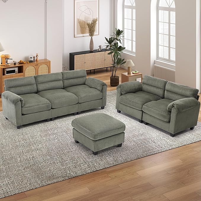 HAOMARKETS Corduroy Sofa Set, Upholstered Ottoman, and 3-Seater Couch