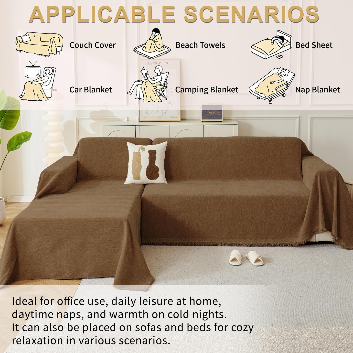 KaviKon Sectional Couch Covers 2-Piece for L Shape Sofa, Chenille Washable Sofa Cover for 2-3 Cushion Couch, Non-Slip Furniture Protector for Dogs,Pets, Soft Couch Blanket Slipcovers Sets (L-Brown)