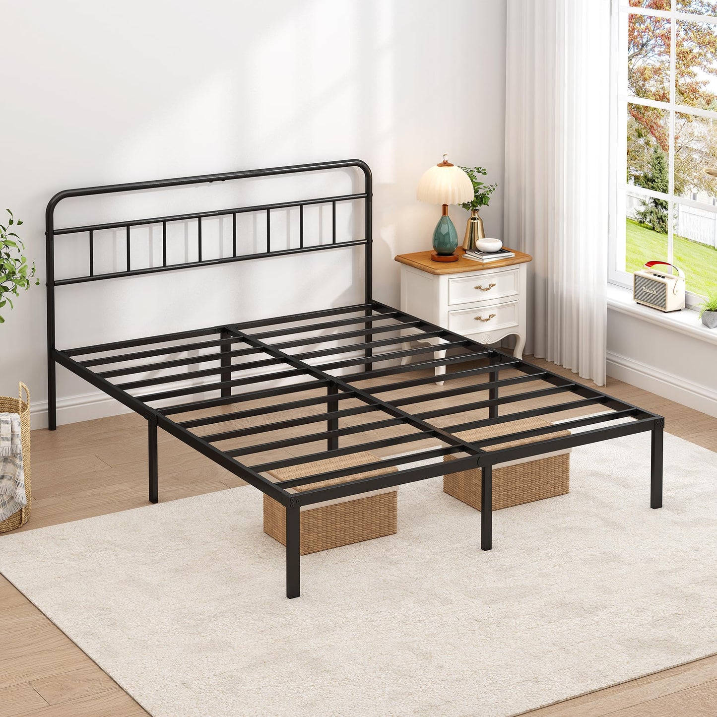 Ziguxiao King Bed Frame with Classic Headboard,Strong Metal Slats Support,Under Bed Storage Space,No Box Spring Needed,Easy to Assemble,Black