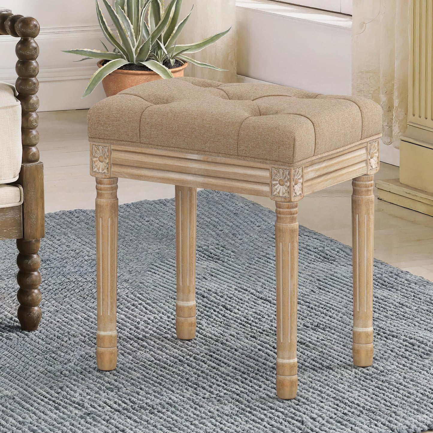 LUE BONA Upholstered Fabric Vanity Bench Seat, Makeup Stools for Vanity, Square Tufted Ottoman Bench with Carved Wood Color Legs for Bedroom Living Room, Wheat Color