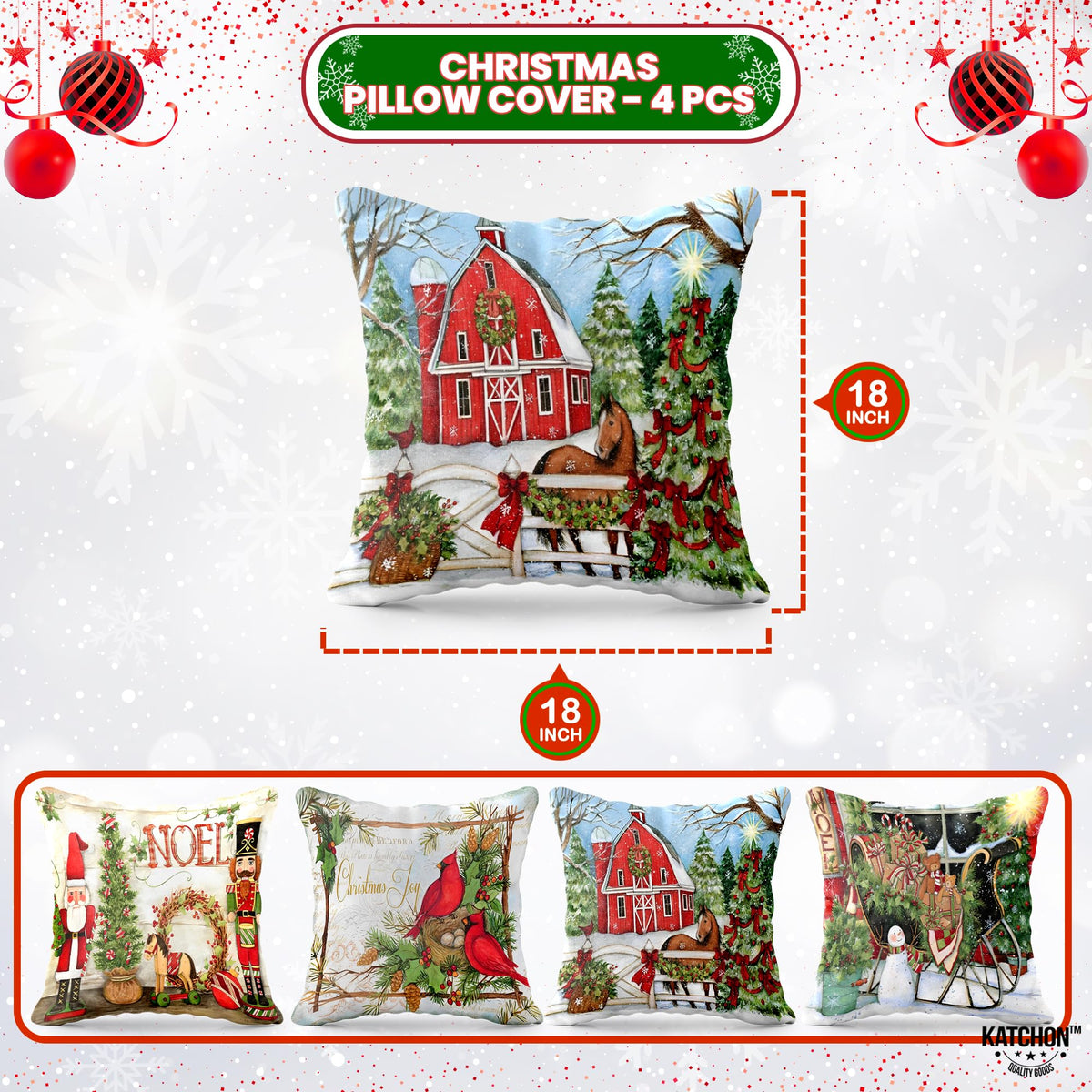 KatchOn, Farmhouse Christmas Pillow Covers 18x18 - Pack of 4 | Farmhouse Pillow Covers, Holiday Pillow Covers | Christmas Throw Pillow Covers for Christmas Decorations | Snowman Pillow Covers 18x18