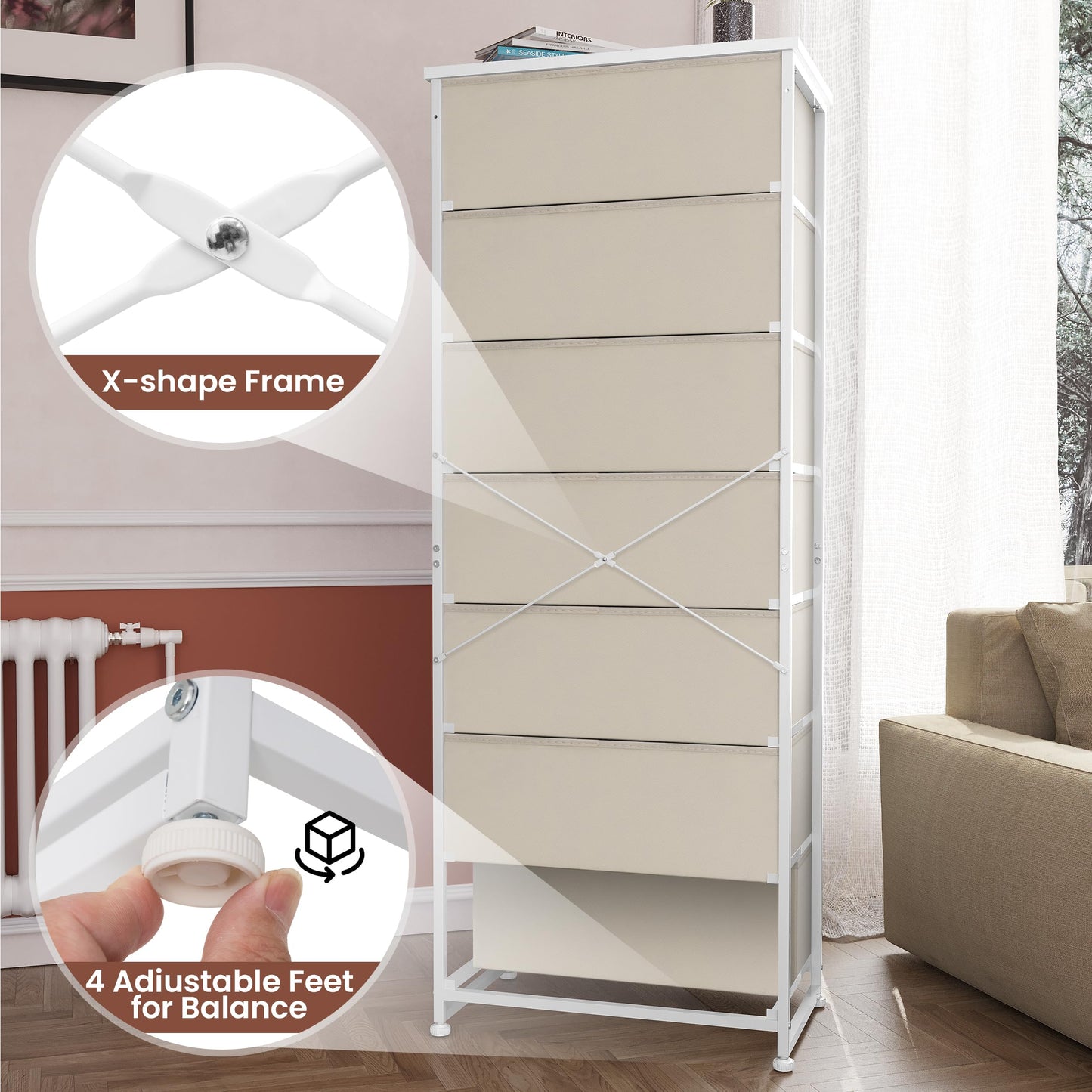 Crestlive Products Tall Dresser, 7-Drawer Fabric Storage Tower, Chests of Drawers - Vertical Organizer Unit for Bedroom, Hallway, Entryway, Nursery, Closets - Steel Frame, Wood Top & Handles (Beige)