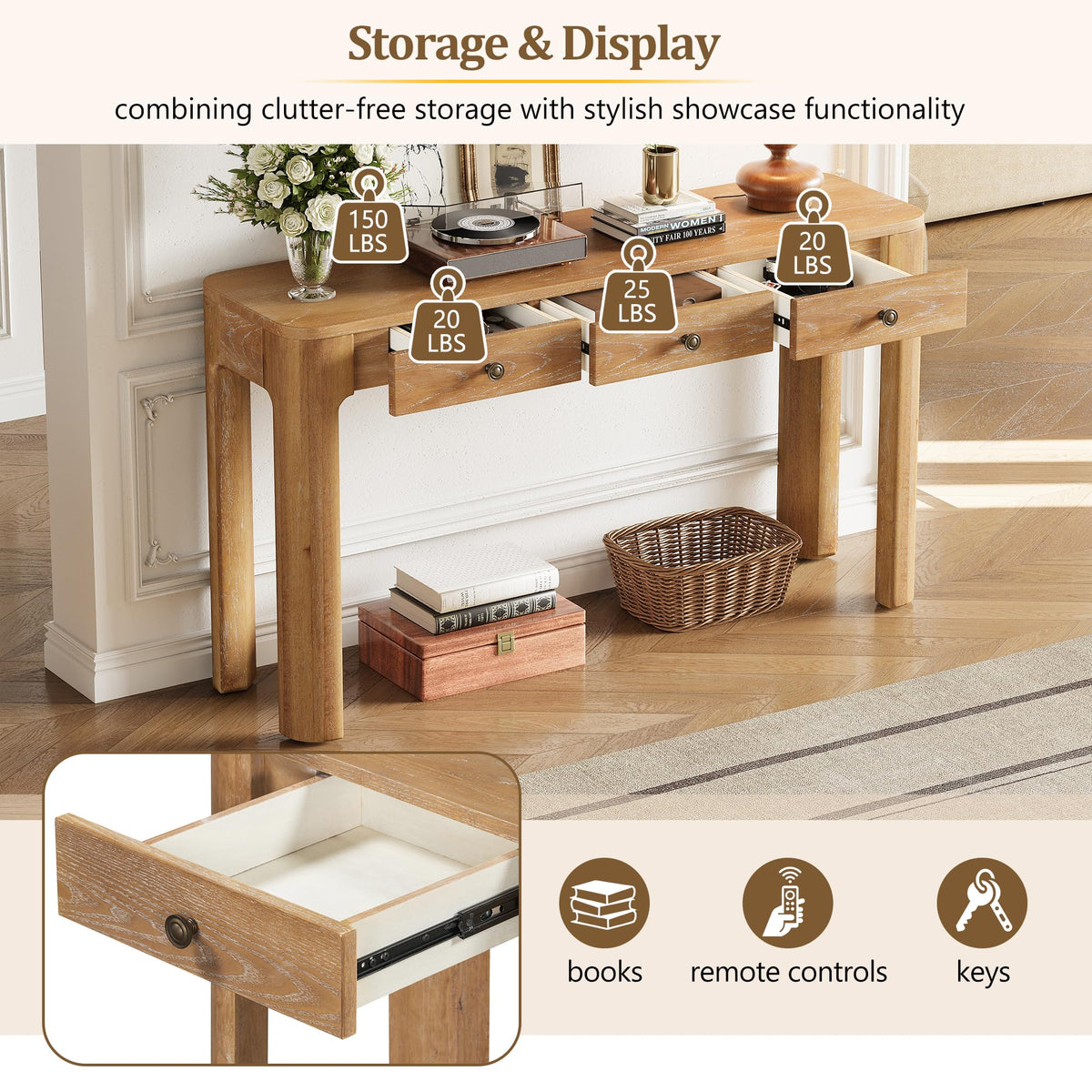Merax 52" Console Table with 3 Drawers, Rustic Entryway Table with Curved Corners, Narrow Long Sofa Table for Living Room, Hallway, Entrance, Behind Couch, Foyer, Sturdy Thick Legs, Natural
