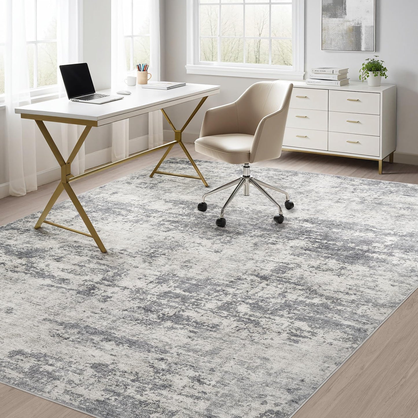 TARANCH Abstract 10x14 Area Rug: Machine Washable Non Slip Ultra Thin Low-Pile Carpet, Soft Stain Resistant for Living Dining Room Bedroom, Kid Pet Friendly, Robot Vacuum Compatible - Grey Beige