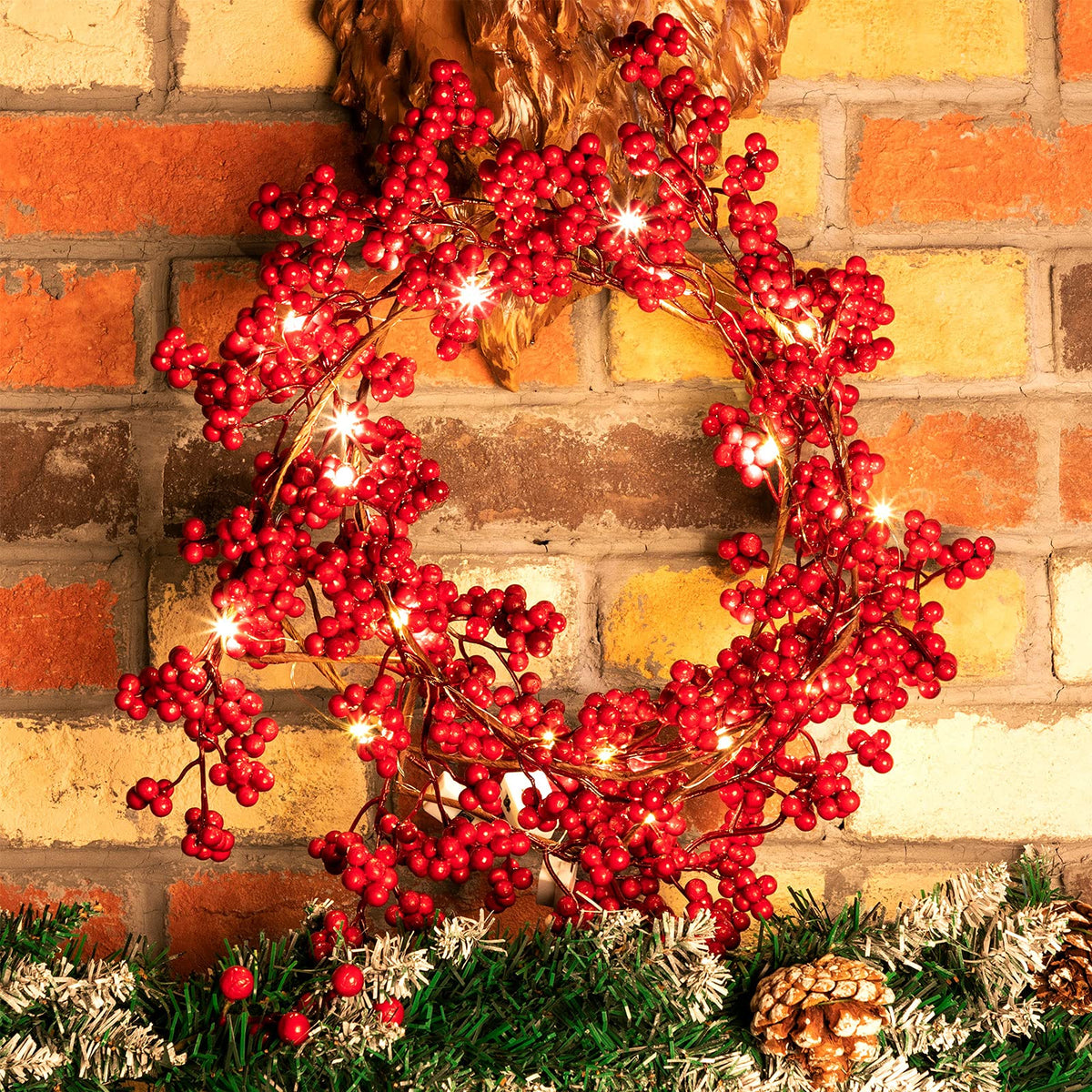 Syhood Christmas Berry String Garland with Lights Thanksgiving Artificial Lighted Garland for Home Xmas Winter Tree Decor Office Fireplace Mantel Decoration Holiday Valentines, 6 Ft (Red,1 Pc)