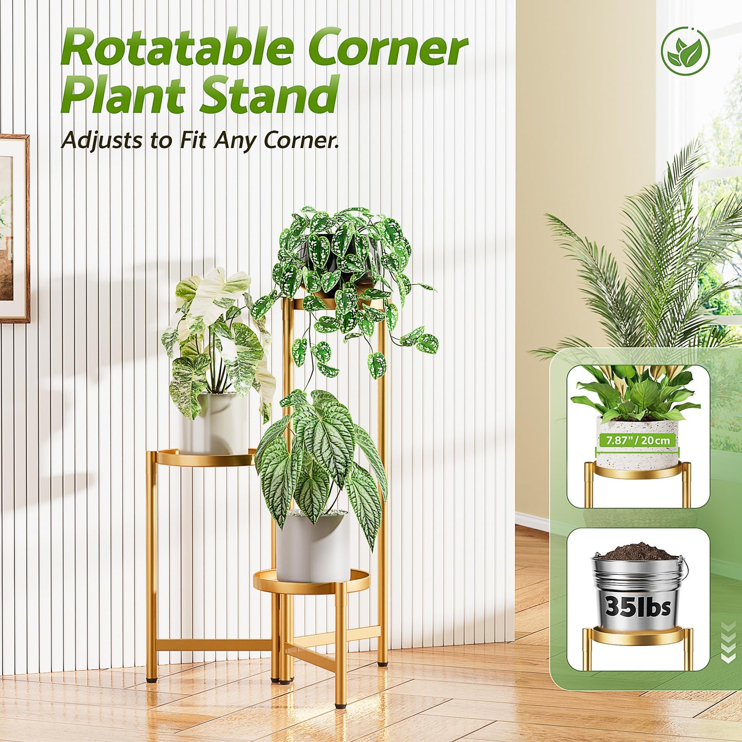 NQW 3 Tiered Plant Stand Indoor for Multiple Large Planter, Tall Heavy Duty Adjustable Folding Rack with Rustproof 7.9 Inch Wide Tray, Gold Plant Shelf for Corner Living Room - GoldDisk