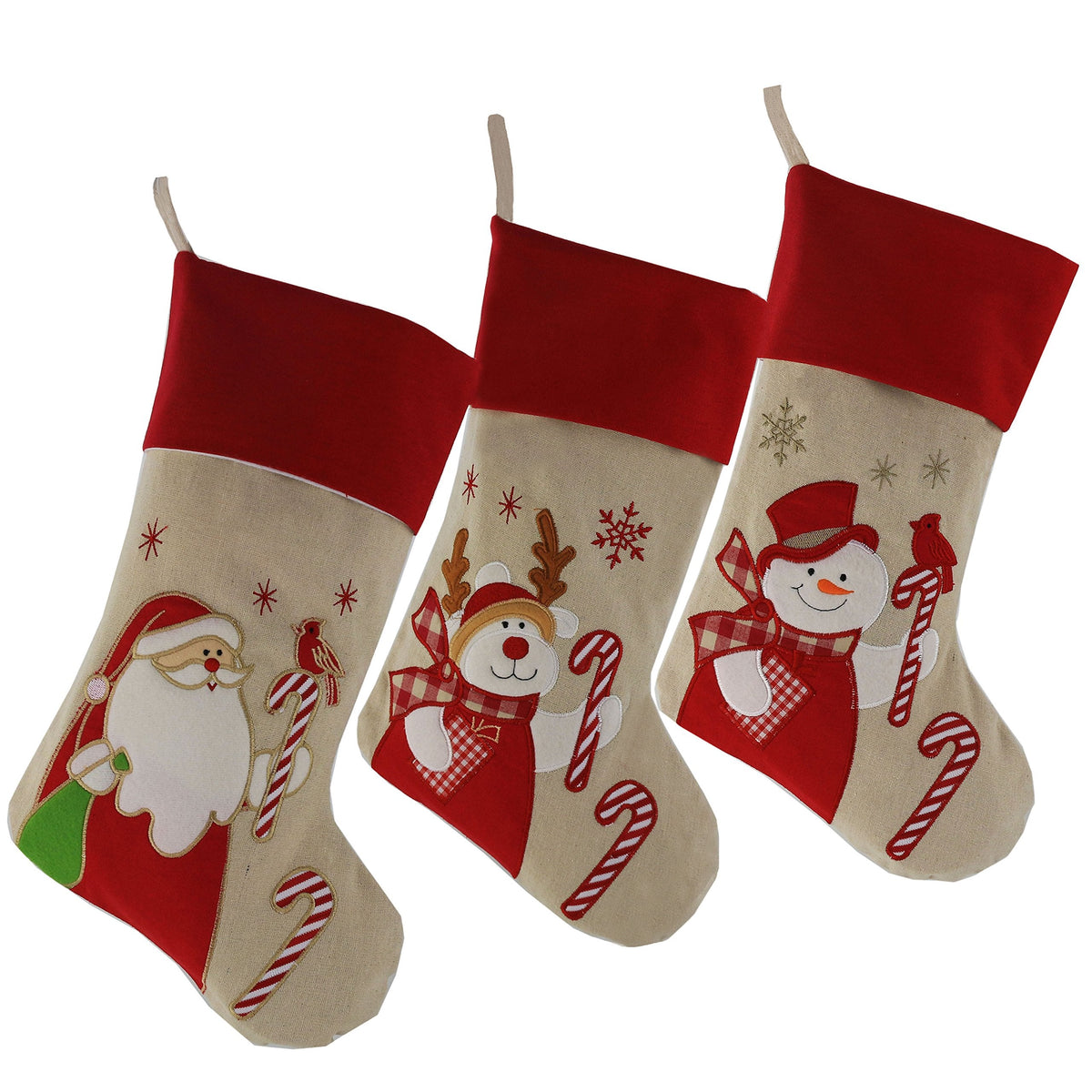WEWILL Lovely Christmas Stockings Set of 3 Santa, Snowman, Reindeer, Xmas Character 3D Plush Linen Hanging Tag Knit Border, 17 Inch