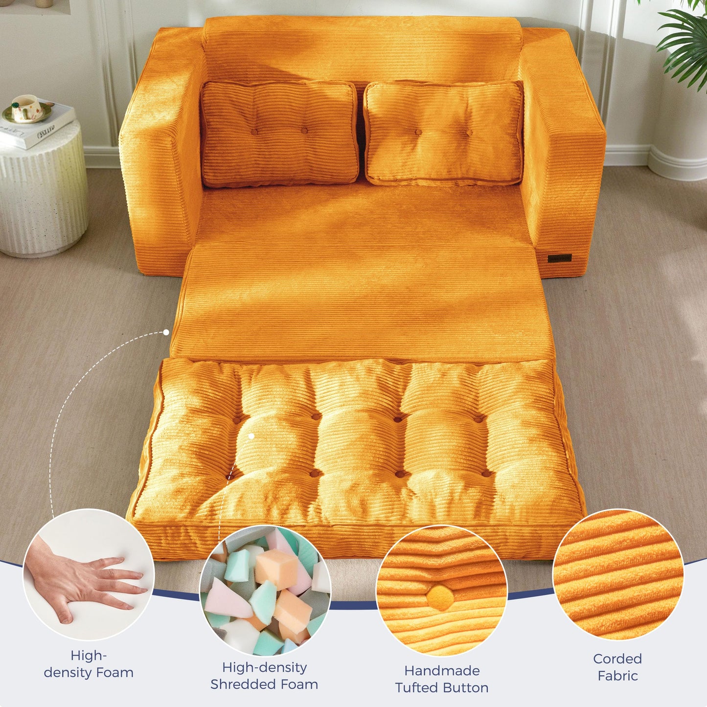 MAXYOYO Convertible Sofa Bed, Pull Out Loveseat Sofa Couch, 2 in 1 Folding Couch Bed, Fold Out Floor Couch with Pillows for Living Room Bedroom Lounge, Orange