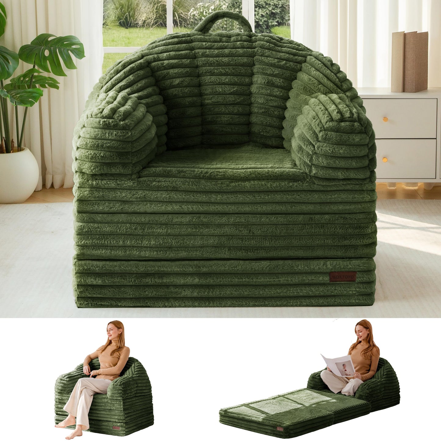 MAXYOYO Folding Sofa Bed, 2 in 1 Convertible Sofa to Lounger Comfy Faux Fur Bean Bag Chair for Adults, Floor Single Couch Chair with Handle, Couch Bed for Living Room Bedroom, Dark Green