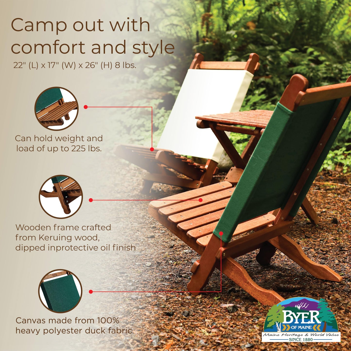 BYER OF MAINE Pangean Lounger Chair – Portable, Lightweight, Foldable Wood and Canvas Chair – Ideal for Camping, Patio, Lawn, and Beach Use in Forest Green