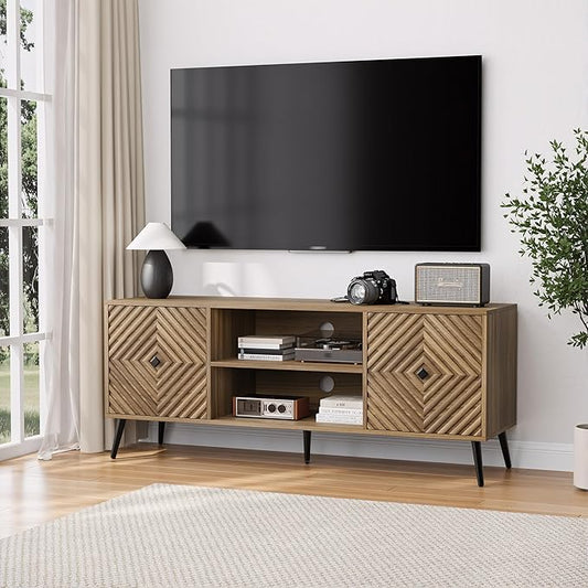 Smuxee Walnut TV Stand with Fluted Diamond Doors, 55.12" Mid Century Modern TV