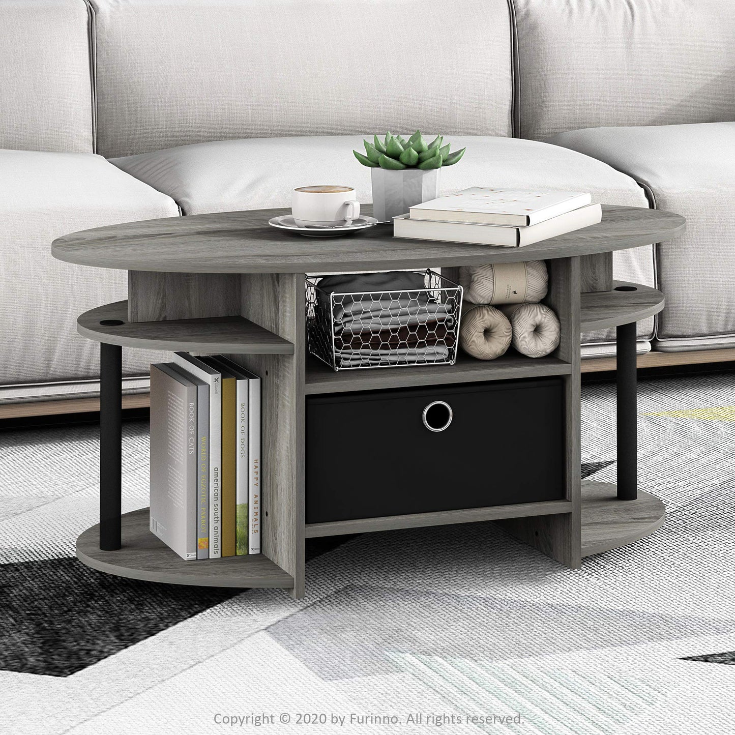 Furinno Jaya Oval Coffee Table, French Oak Grey/Black/Black
