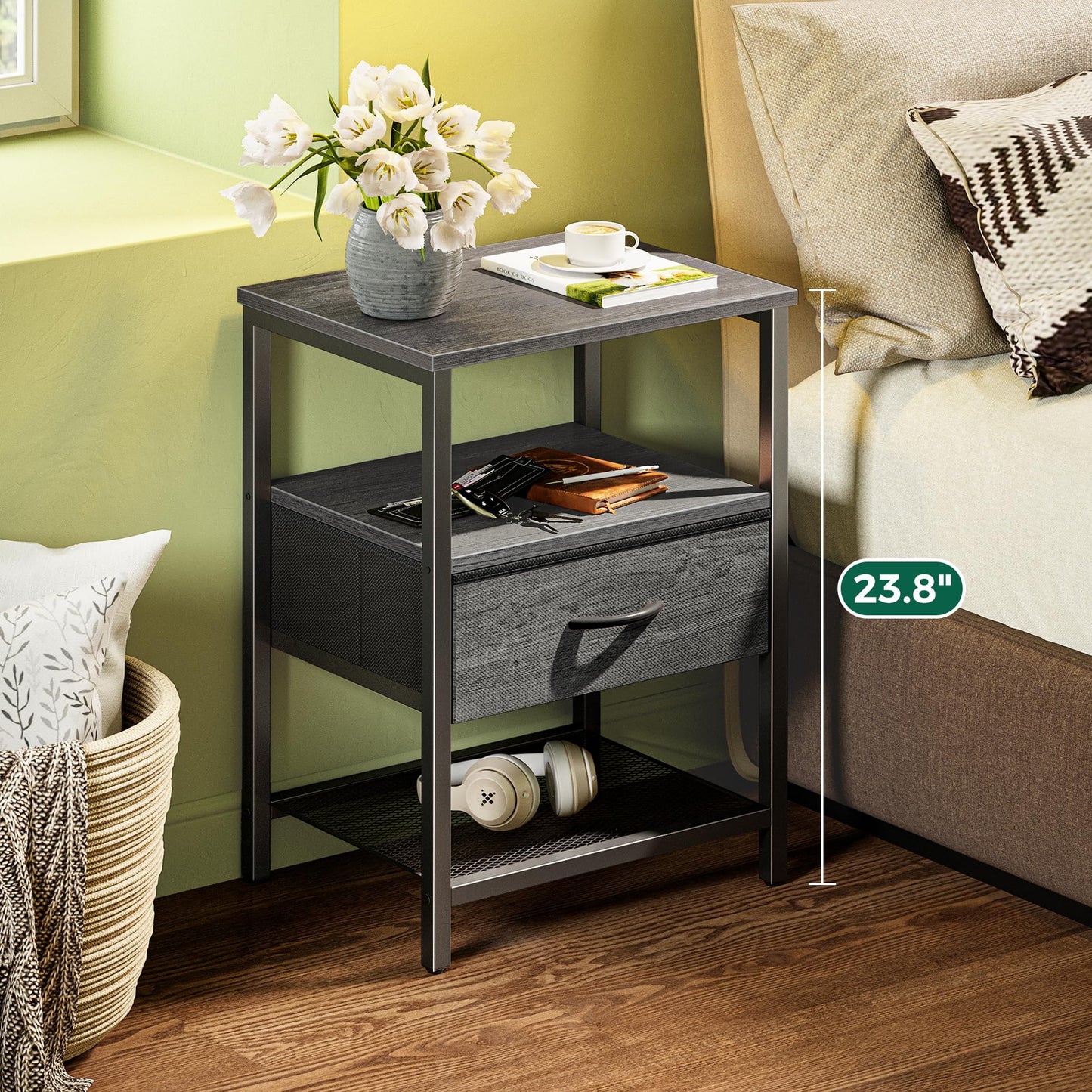 Huuger Nightstand Set of 2, Night Stand with Fabric Drawer, Mesh Shelf, Side Table with Storage, Fabric Drawer Dresser, Open Shelf, Metal Frame, Bedroom, Grey